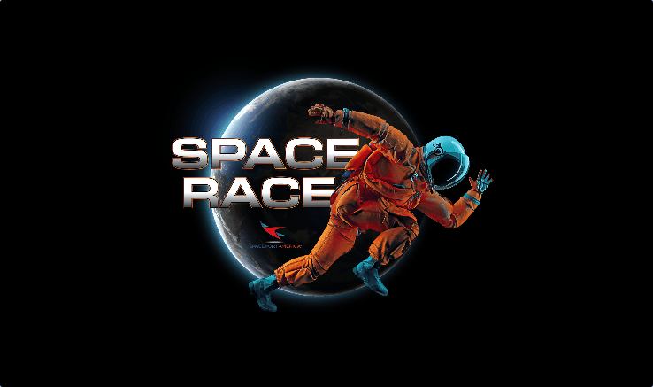 An astronaut in an orange suit depicted against a stylized Earth background, representing the theme of space exploration.